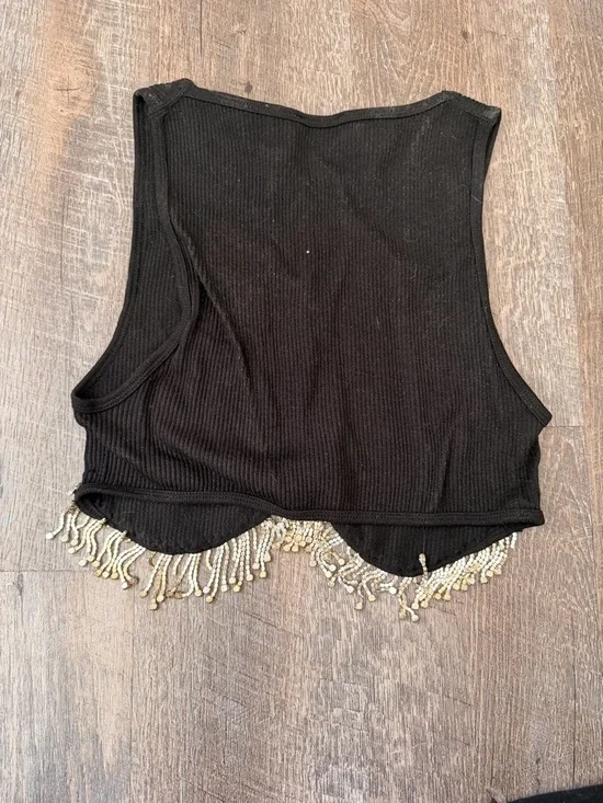 Zara Black Ribbed Crop Top with Beaded Fringe - Picture 2 of 2